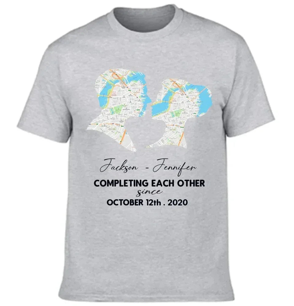 Customized Couple T-shirt - Personalized Name,Date,Map Location Silhouette Couple's Clothing - A Gift For Boyfriend,Girlfriend,Husband,Wife,Anniversary - Joliny