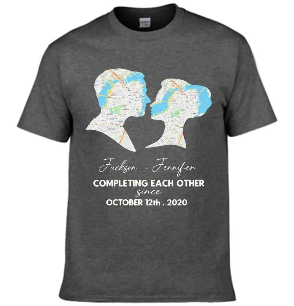 Customized Couple T-shirt - Personalized Name,Date,Map Location Silhouette Couple's Clothing - A Gift For Boyfriend,Girlfriend,Husband,Wife,Anniversary - Joliny