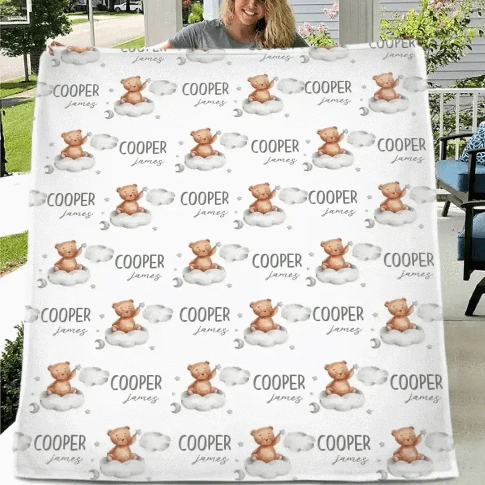 Teddy Bear Cloud Personalized Name Custom Blanket - Newborn Baby Shower Gift - Joliny