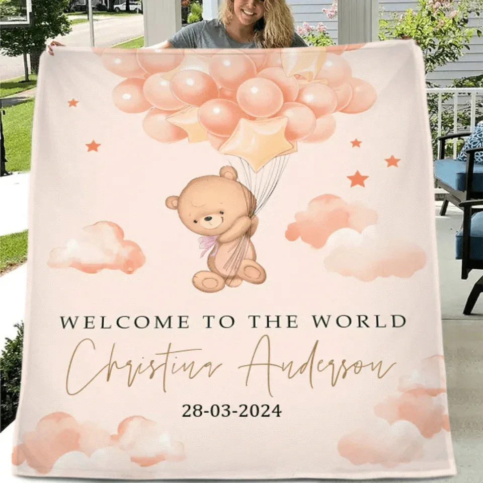 Teddy Bear Custom Colour Blanket - Personalised Name And Date Of Birth Blanket - A Gift For Child,Newborns,Baby - Joliny