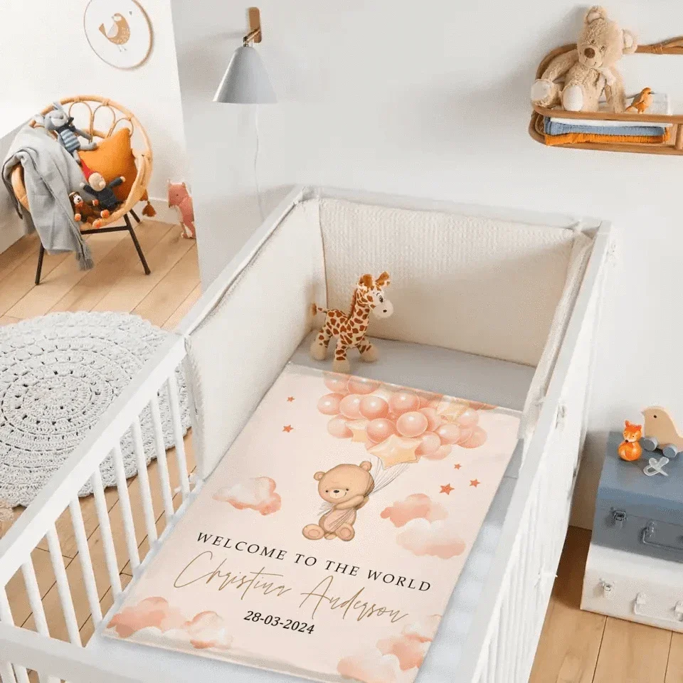 Teddy Bear Custom Colour Blanket - Personalised Name And Date Of Birth Blanket - A Gift For Child,Newborns,Baby - Joliny