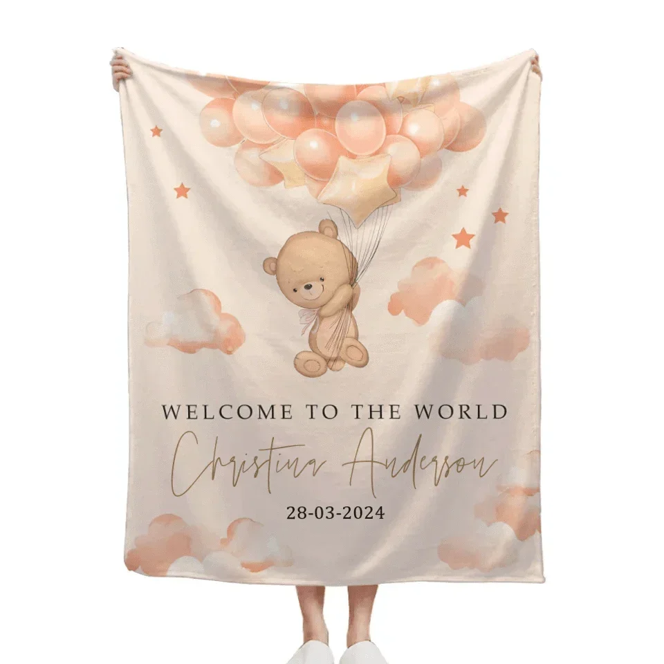 Teddy Bear Custom Colour Blanket - Personalised Name And Date Of Birth Blanket - A Gift For Child,Newborns,Baby - Joliny