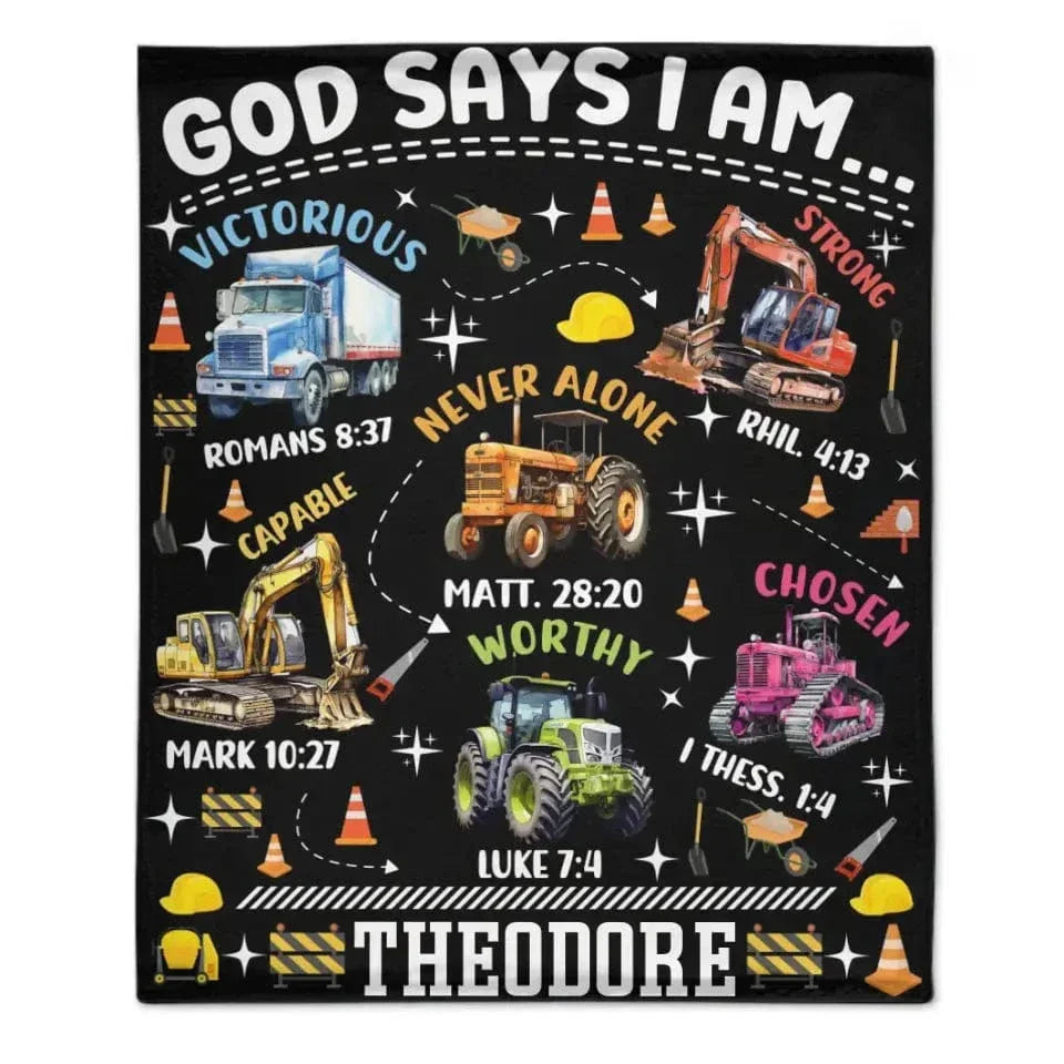 Truck Custom Name Blanket Personalized Text Gifts, God Says I Am Construction Bible Verse - Joliny