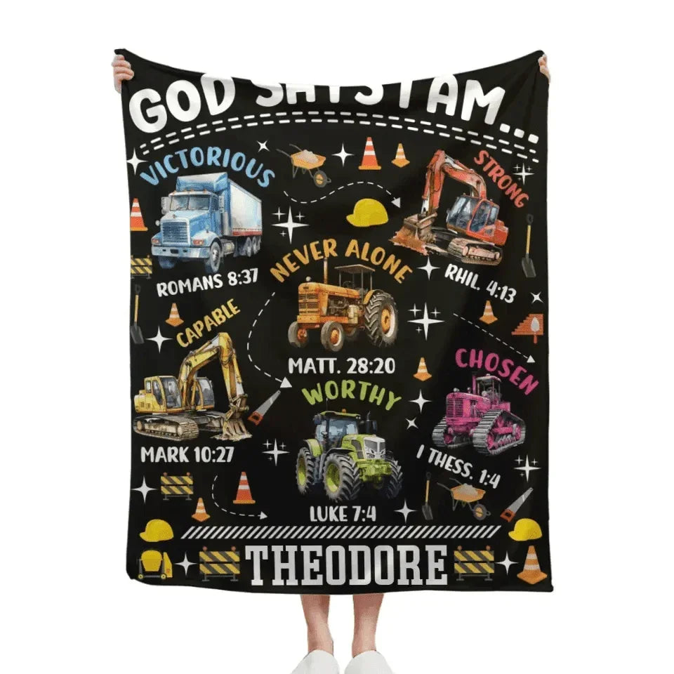 Truck Custom Name Blanket Personalized Text Gifts, God Says I Am Construction Bible Verse - Joliny