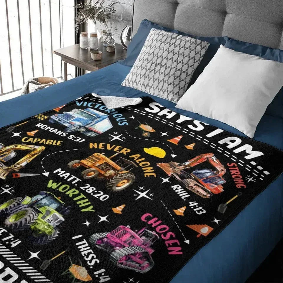 Truck Custom Name Blanket Personalized Text Gifts, God Says I Am Construction Bible Verse - Joliny
