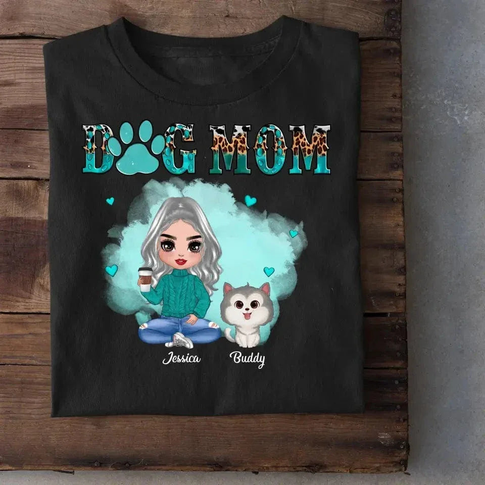Watercolor Cute Dogs Teal And Leopard Dog Mom Personalized Shirt - Joliny