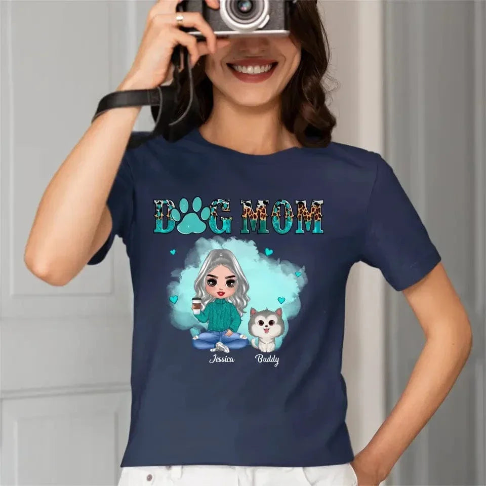 Watercolor Cute Dogs Teal And Leopard Dog Mom Personalized Shirt - Joliny