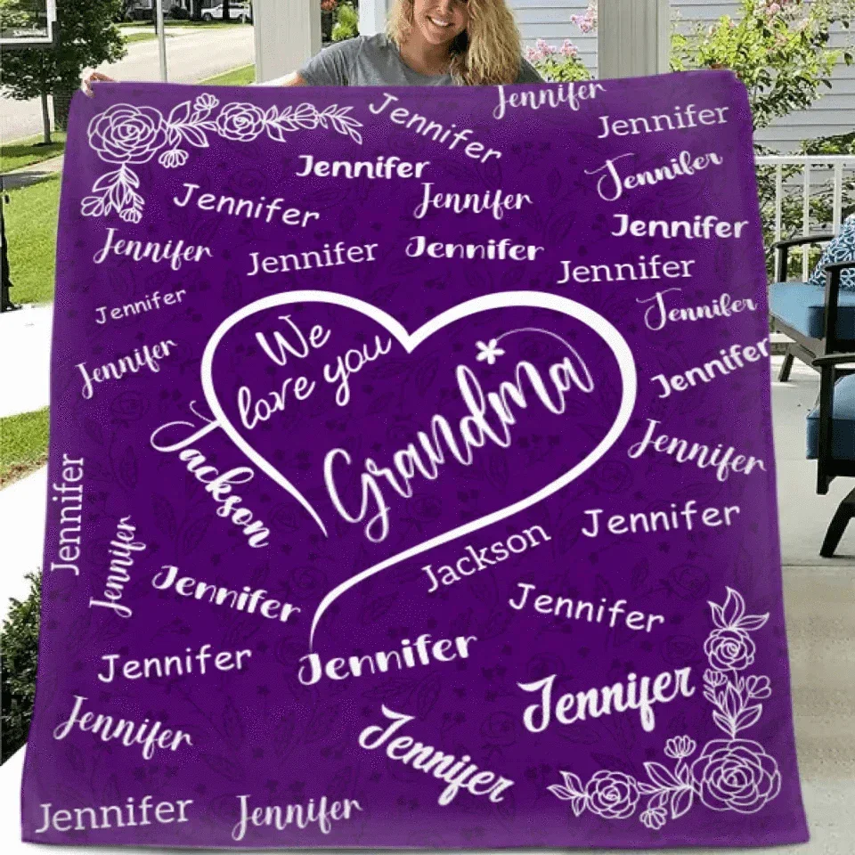 We Love You Mom Grandma - Personalized Name Custom Flannel Blanket - Gift for Grandma - Joliny
