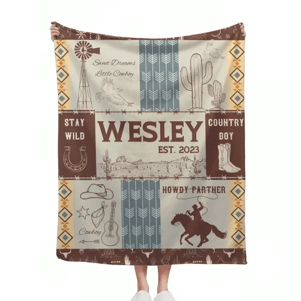 Western Kids Name Custom Cowboy Blanket, Customized 1st Birthday Gift - Joliny
