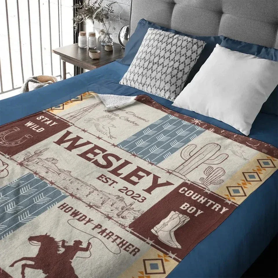 Western Kids Name Custom Cowboy Blanket, Customized 1st Birthday Gift - Joliny