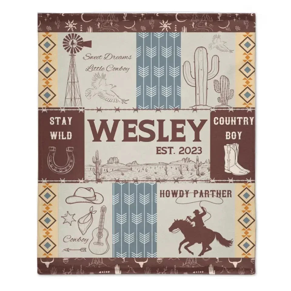 Western Kids Name Custom Cowboy Blanket, Customized 1st Birthday Gift - Joliny