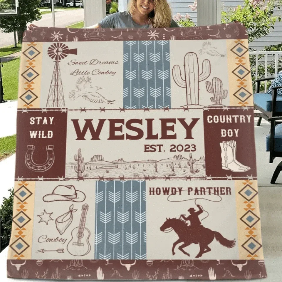 Western Kids Name Custom Cowboy Blanket, Customized 1st Birthday Gift - Joliny