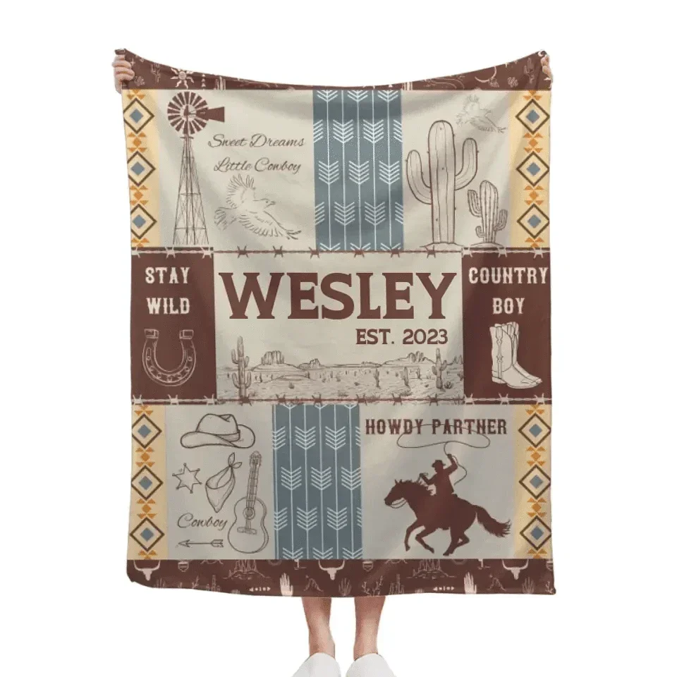 Western Kids Name Custom Cowboy Blanket, Customized 1st Birthday Gift - Joliny