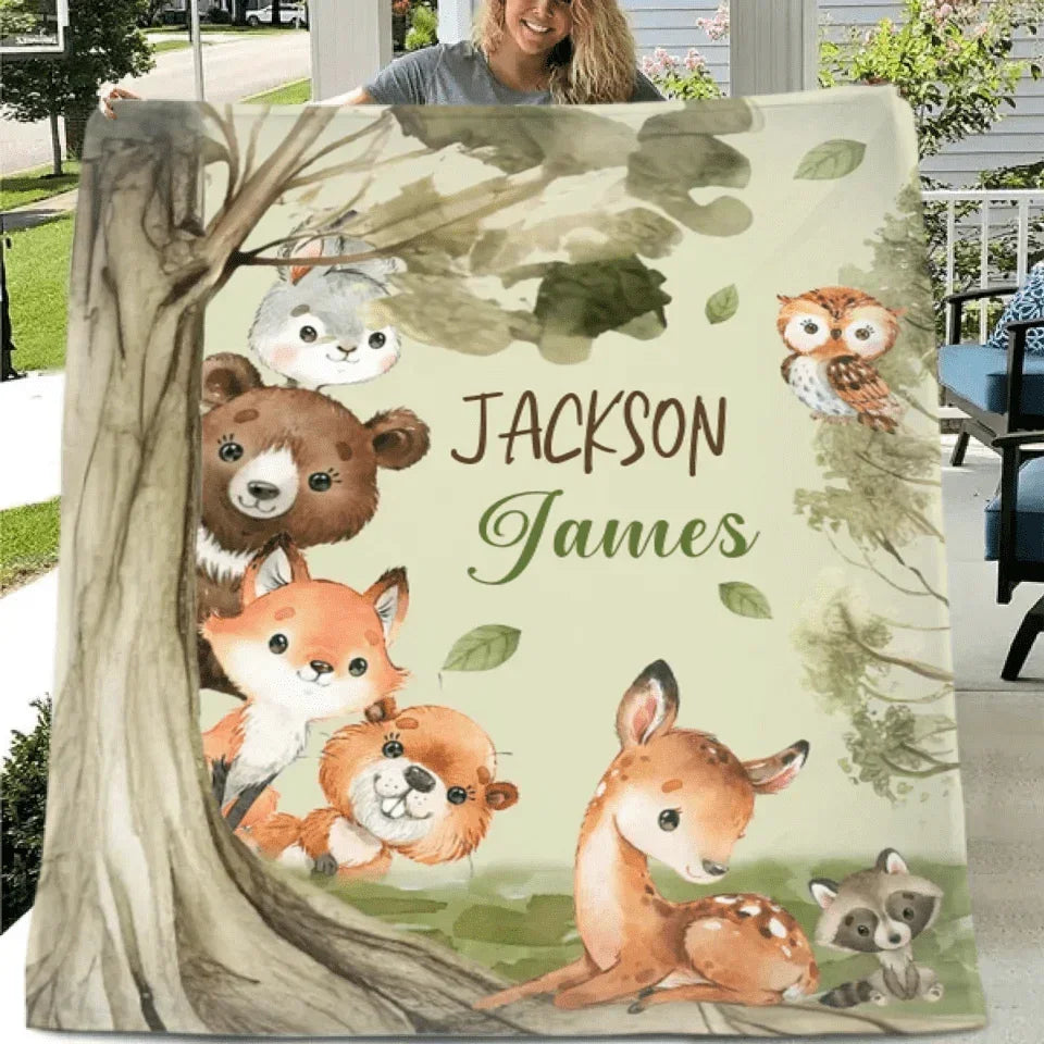 Woodland Animal - Personalised Name Animal Print Blanket - A Gift For Child - Joliny