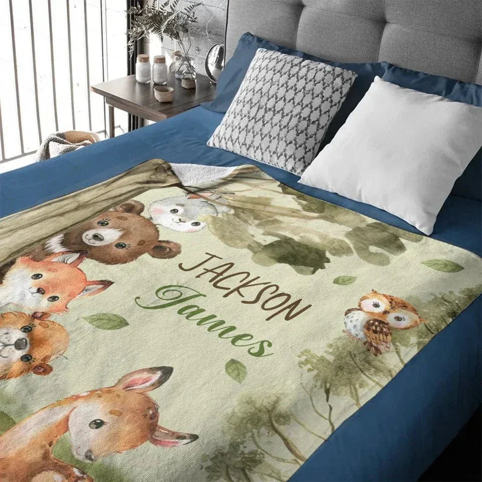 Woodland Animal - Personalised Name Animal Print Blanket - A Gift For Child - Joliny