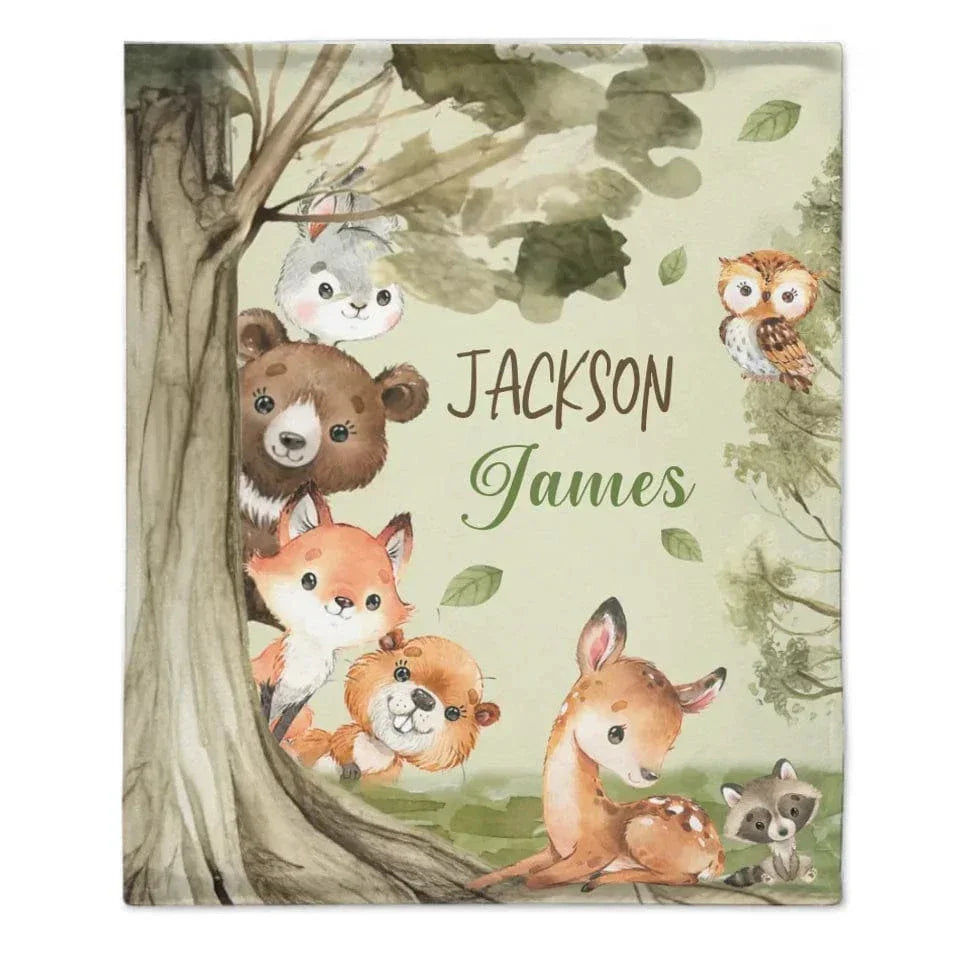 Woodland Animal - Personalised Name Animal Print Blanket - A Gift For Child - Joliny