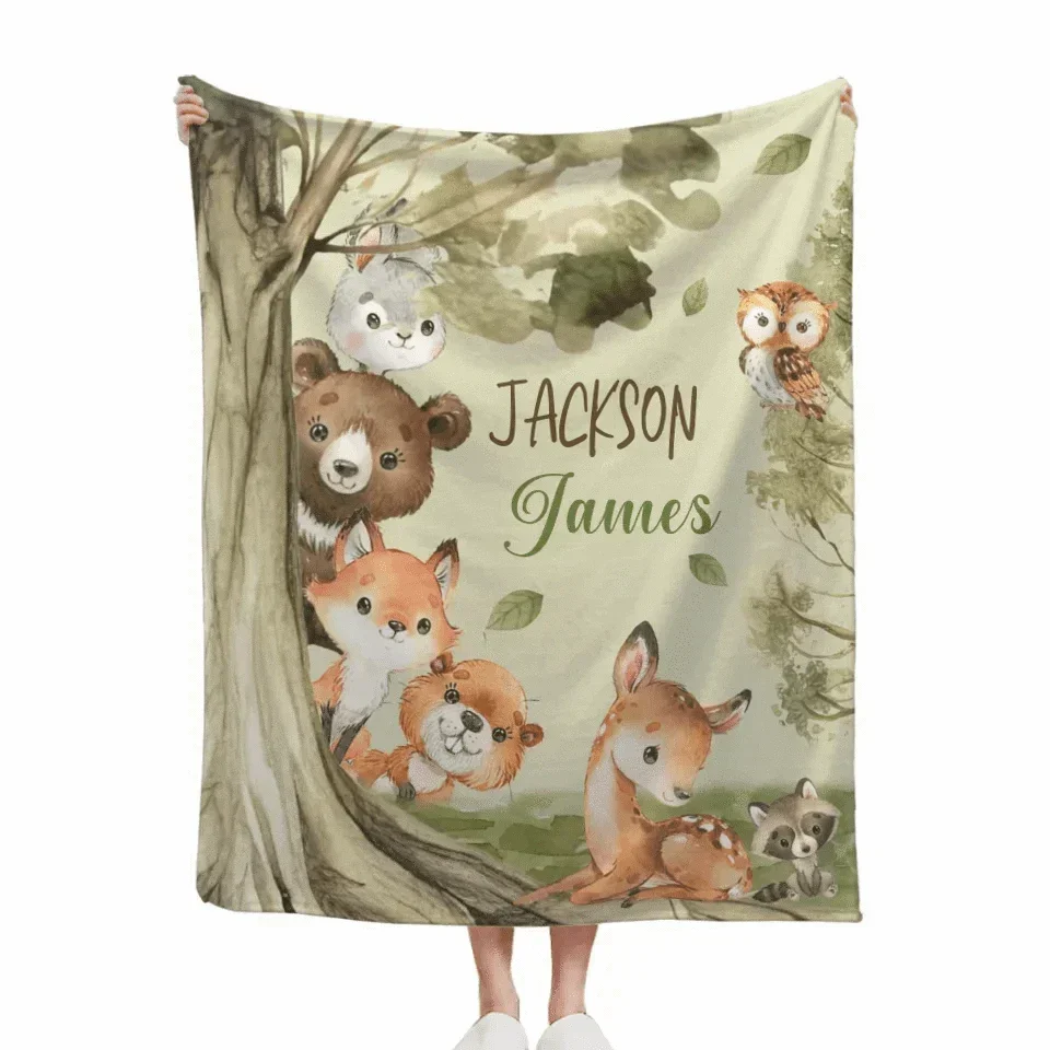 Woodland Animal - Personalised Name Animal Print Blanket - A Gift For Child - Joliny
