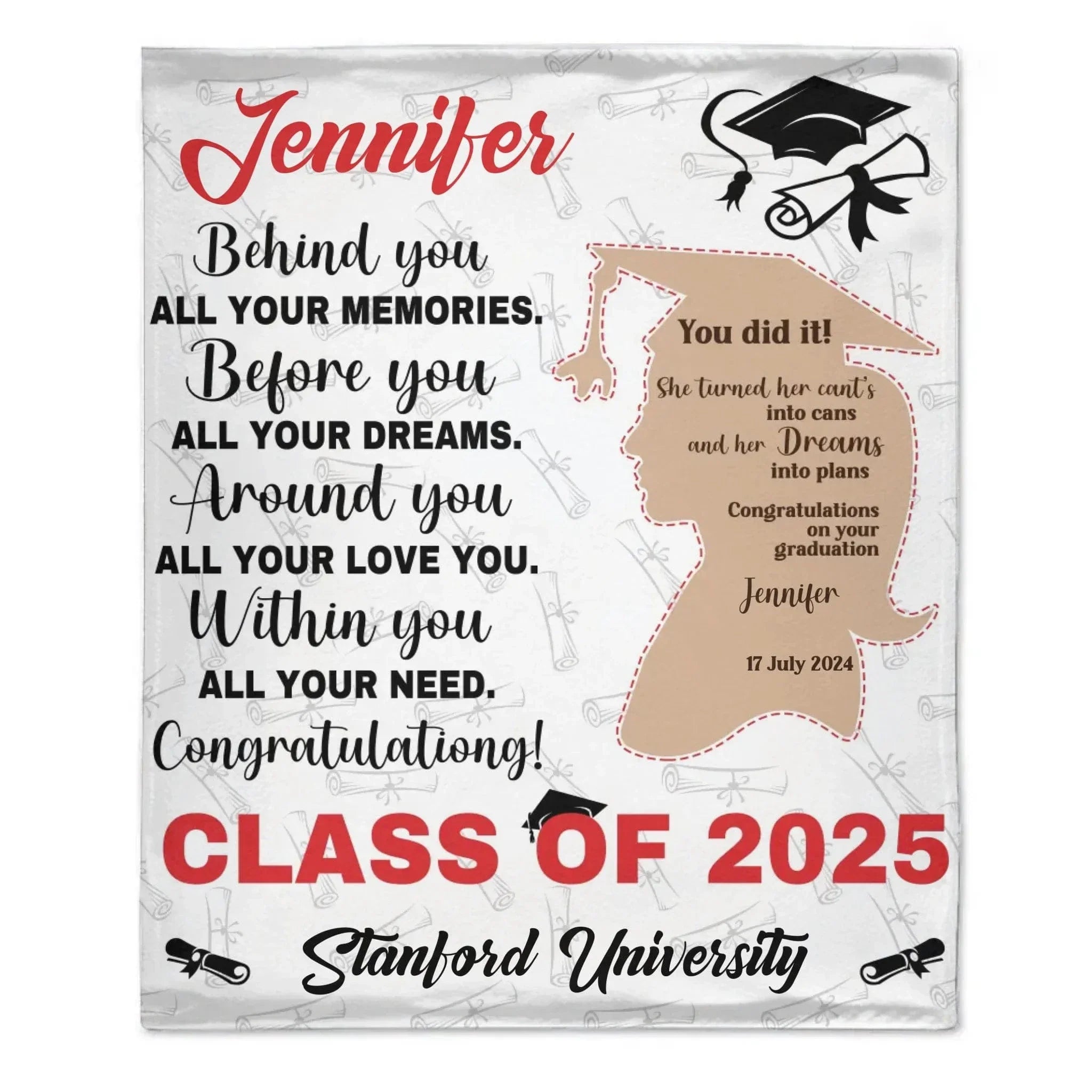 You Did It Girl Brown Silhouette Graduation Blanket - Gift for Daughter - Personalized Blanket - Joliny