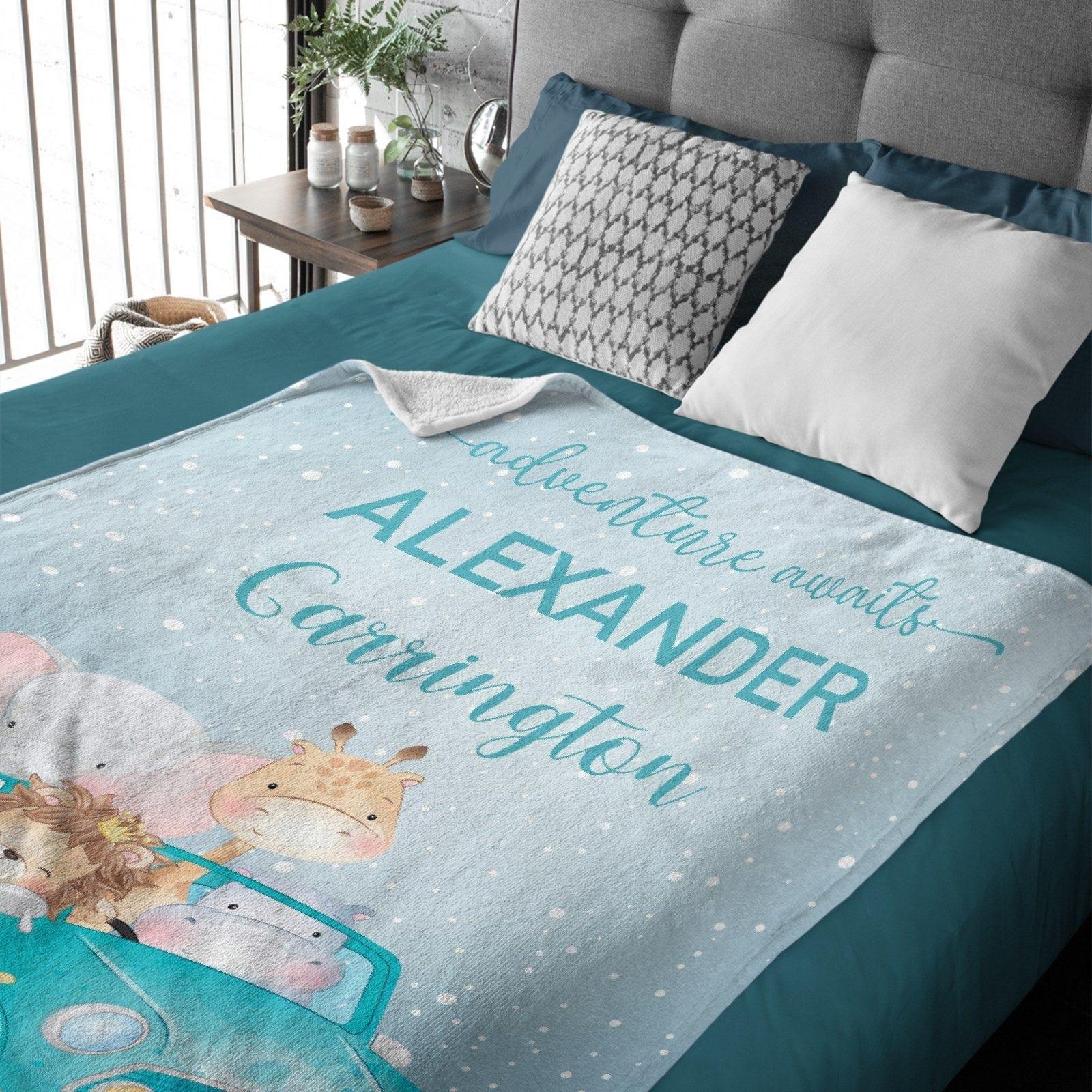 Blue Adventure Awaits Watercolor Safari Animals Custom Name Blanket - Joliny
