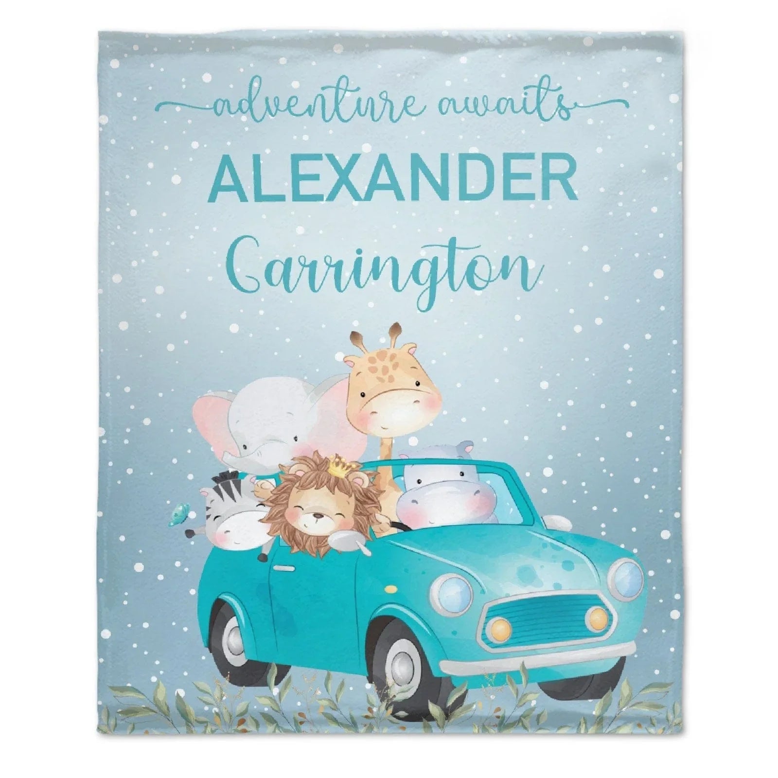 Blue Adventure Awaits Watercolor Safari Animals Custom Name Blanket - Joliny