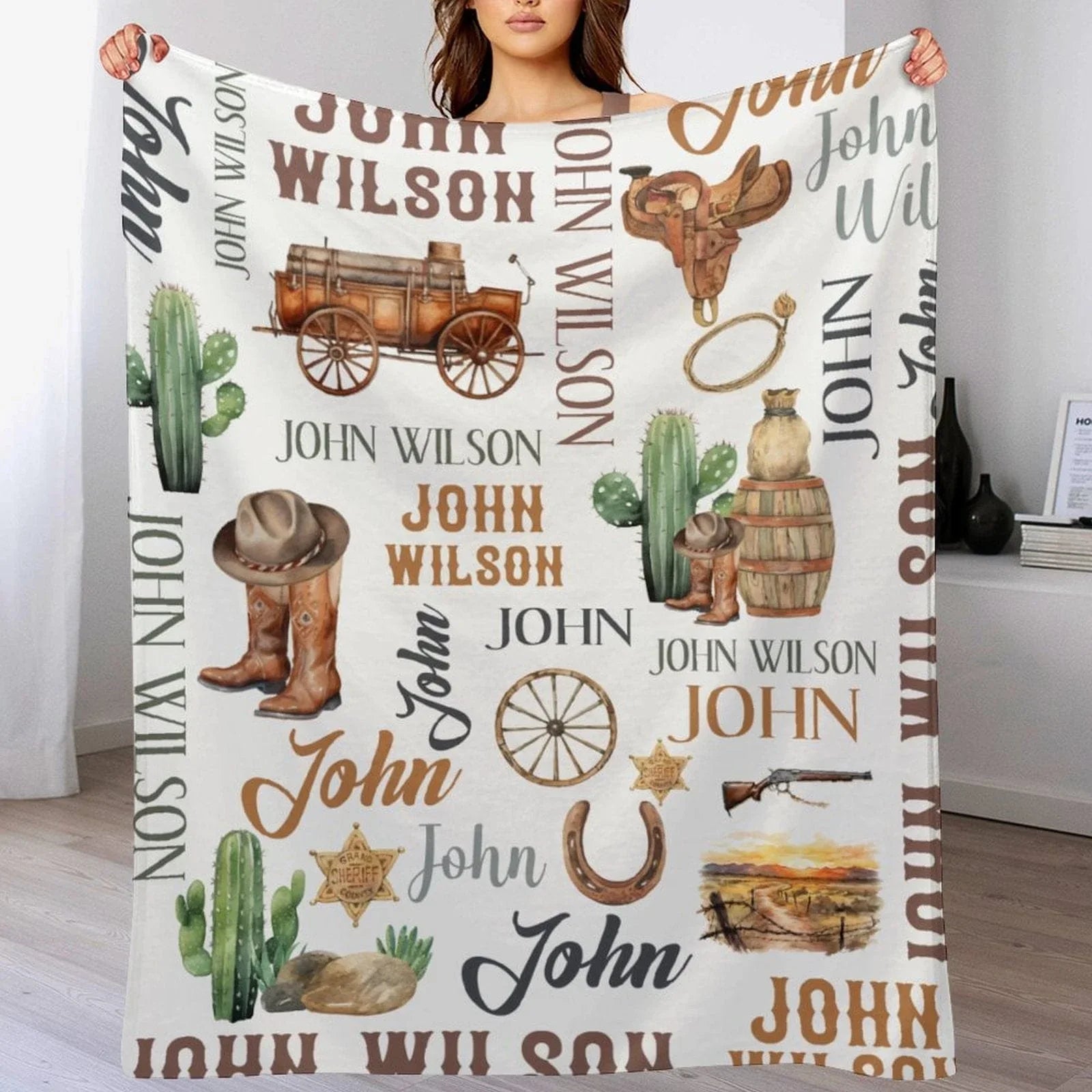 Custom Western Name Baby Blanket, Personalized Cowboy Cactus Baby Blanket - Joliny