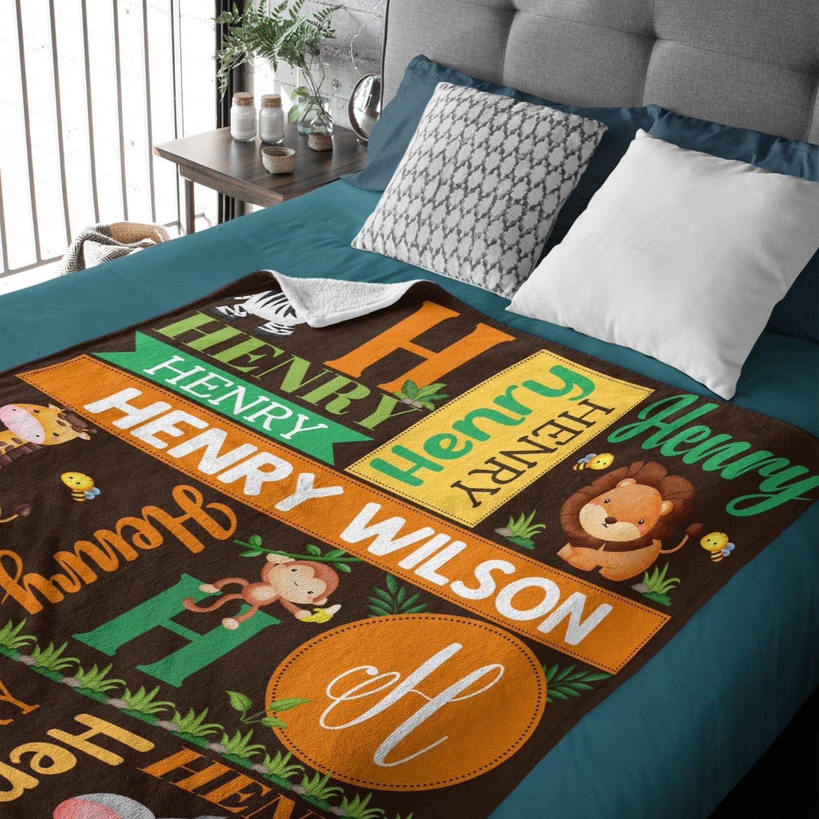 Personalized Baby Blanket with Name, Brown Grass Jungle Animal Baby Blanket - Joliny