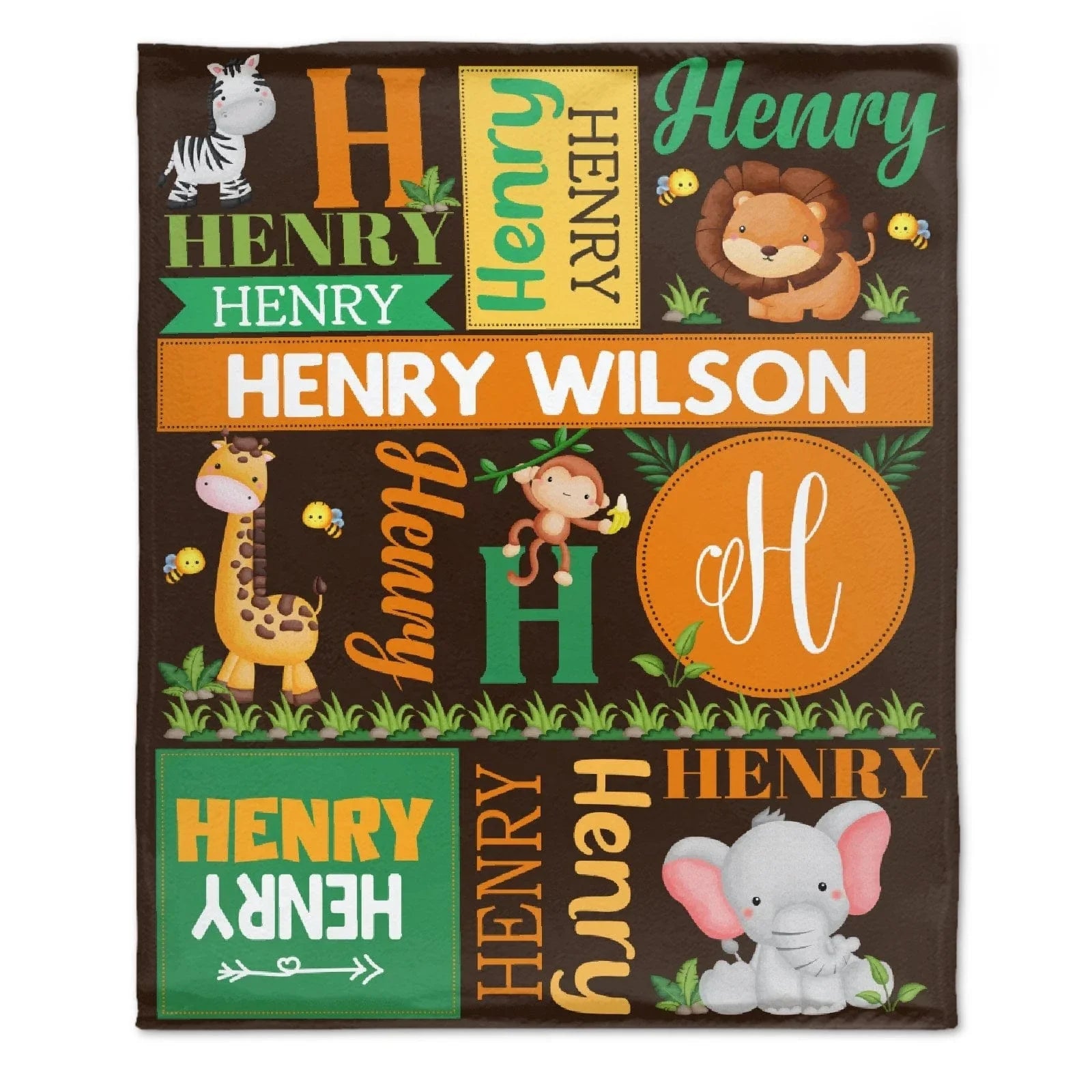 Personalized Baby Blanket with Name, Brown Grass Jungle Animal Baby Blanket - Joliny