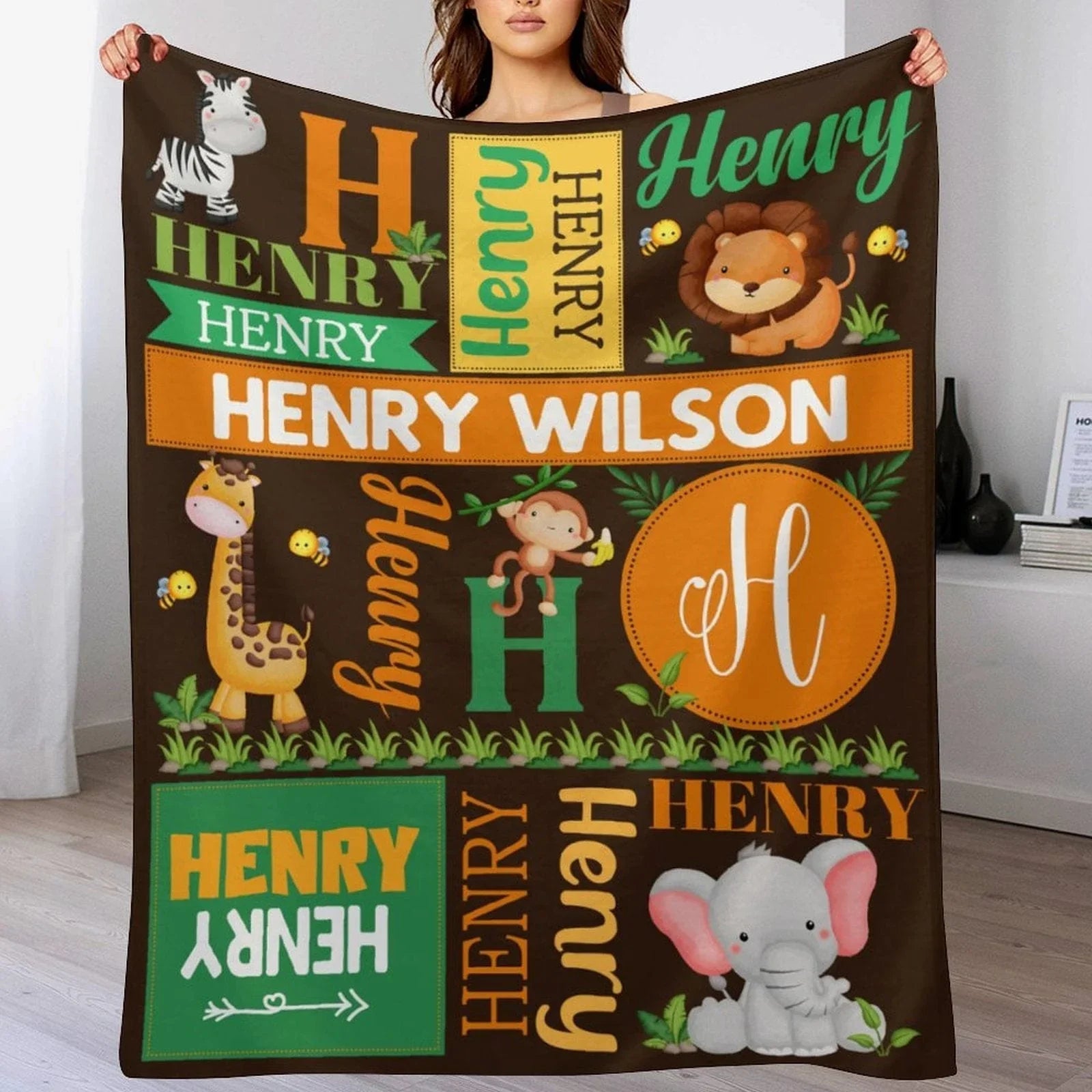 Personalized Baby Blanket with Name, Brown Grass Jungle Animal Baby Blanket - Joliny