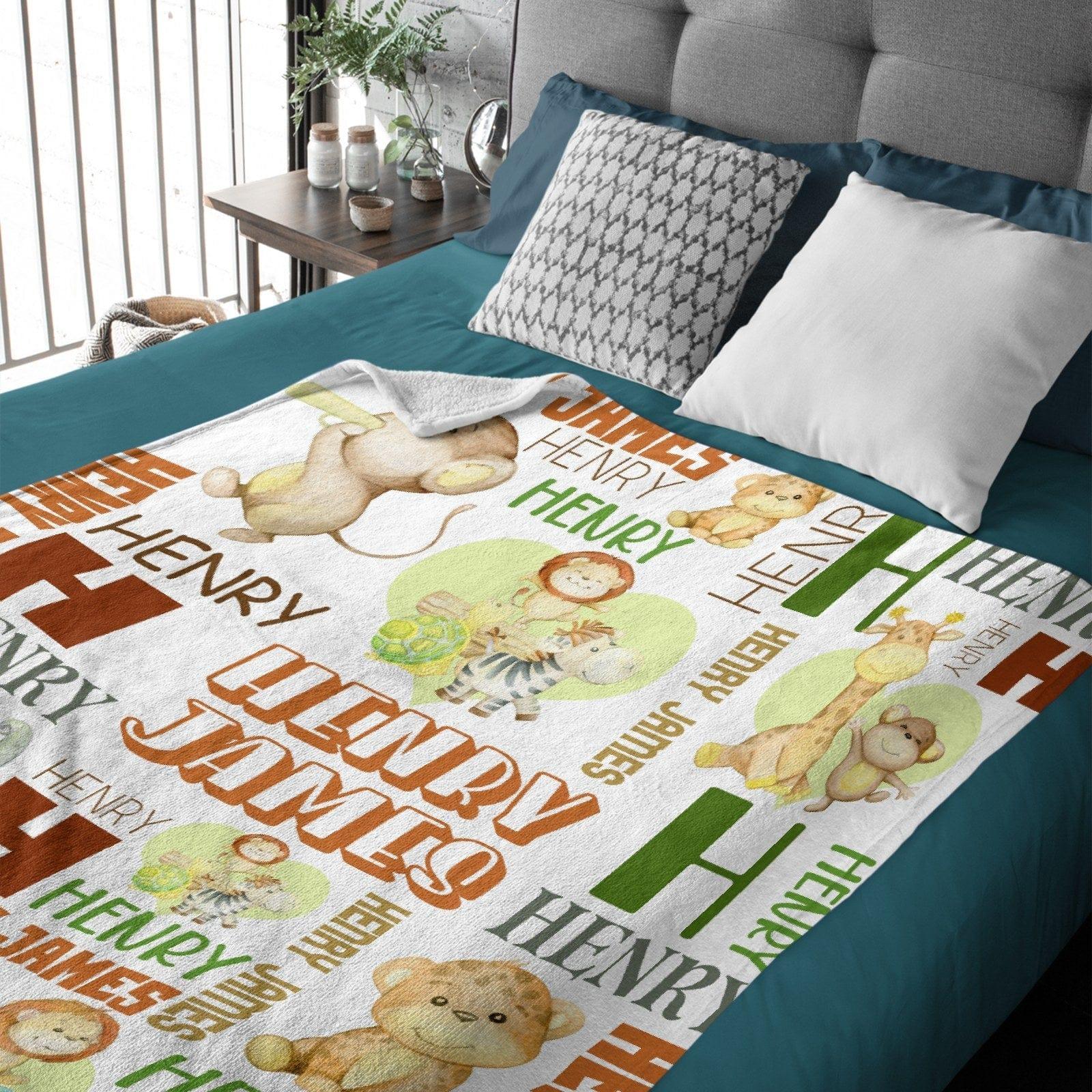 Personalized Baby Blankets With Name, Custom Animal - Gift Baby, Cute Monkey, Turtle, Lion And Elephant Jungle Blanket - Joliny
