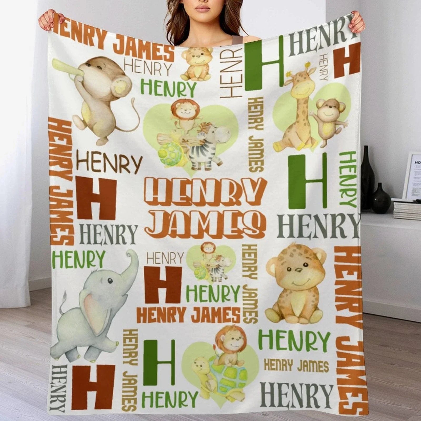 Personalized Baby Blankets With Name, Custom Animal - Gift Baby, Cute Monkey, Turtle, Lion And Elephant Jungle Blanket - Joliny