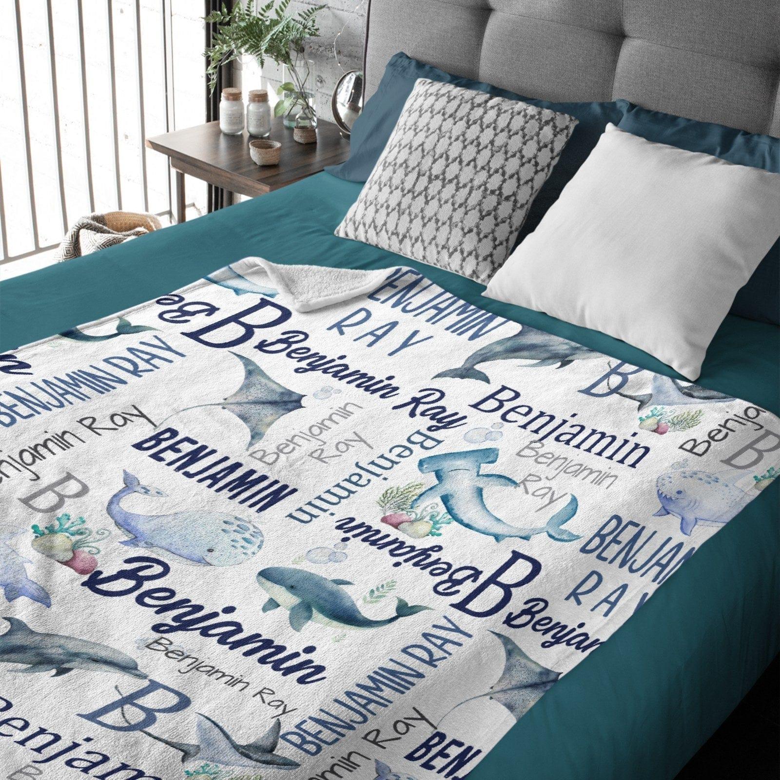Personalized Ocean Animals Baby Blanket - Personalized Whale Name Blanket - Whales Baby Blanket - Joliny