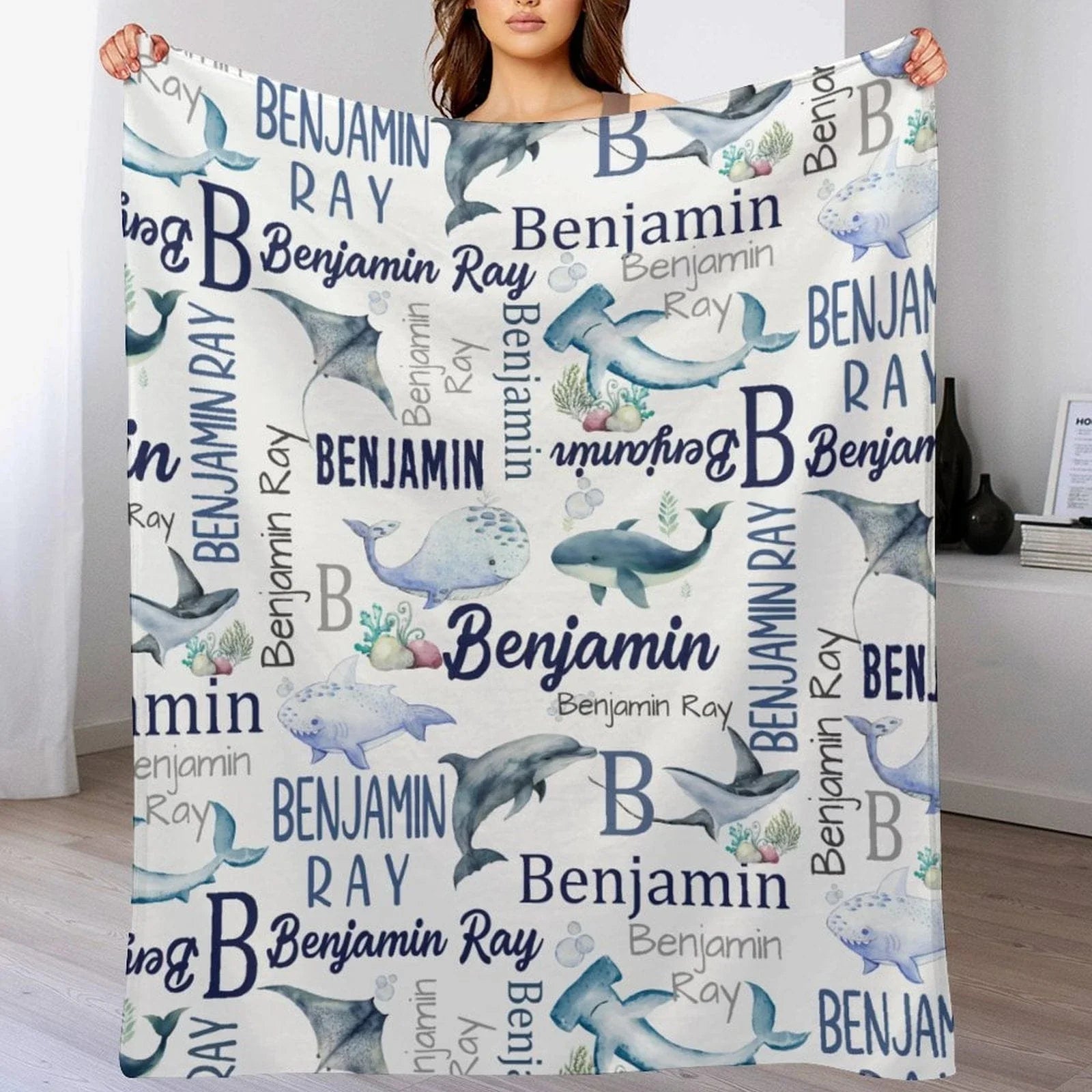 Personalized Ocean Animals Baby Blanket - Personalized Whale Name Blanket - Whales Baby Blanket - Joliny