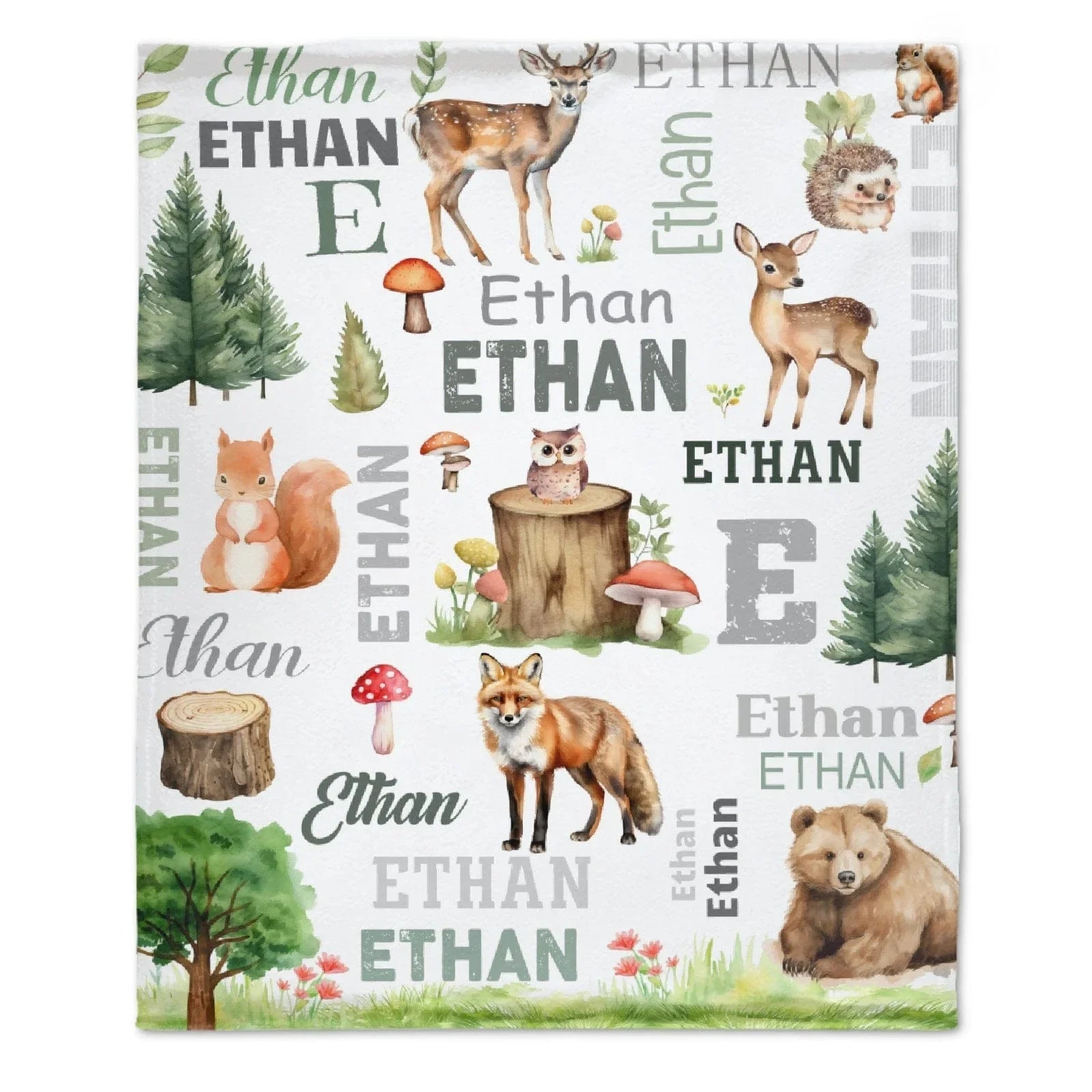 Personalized Woodland Animals Deer, Foxs Kids Baby Name Blanket - Joliny