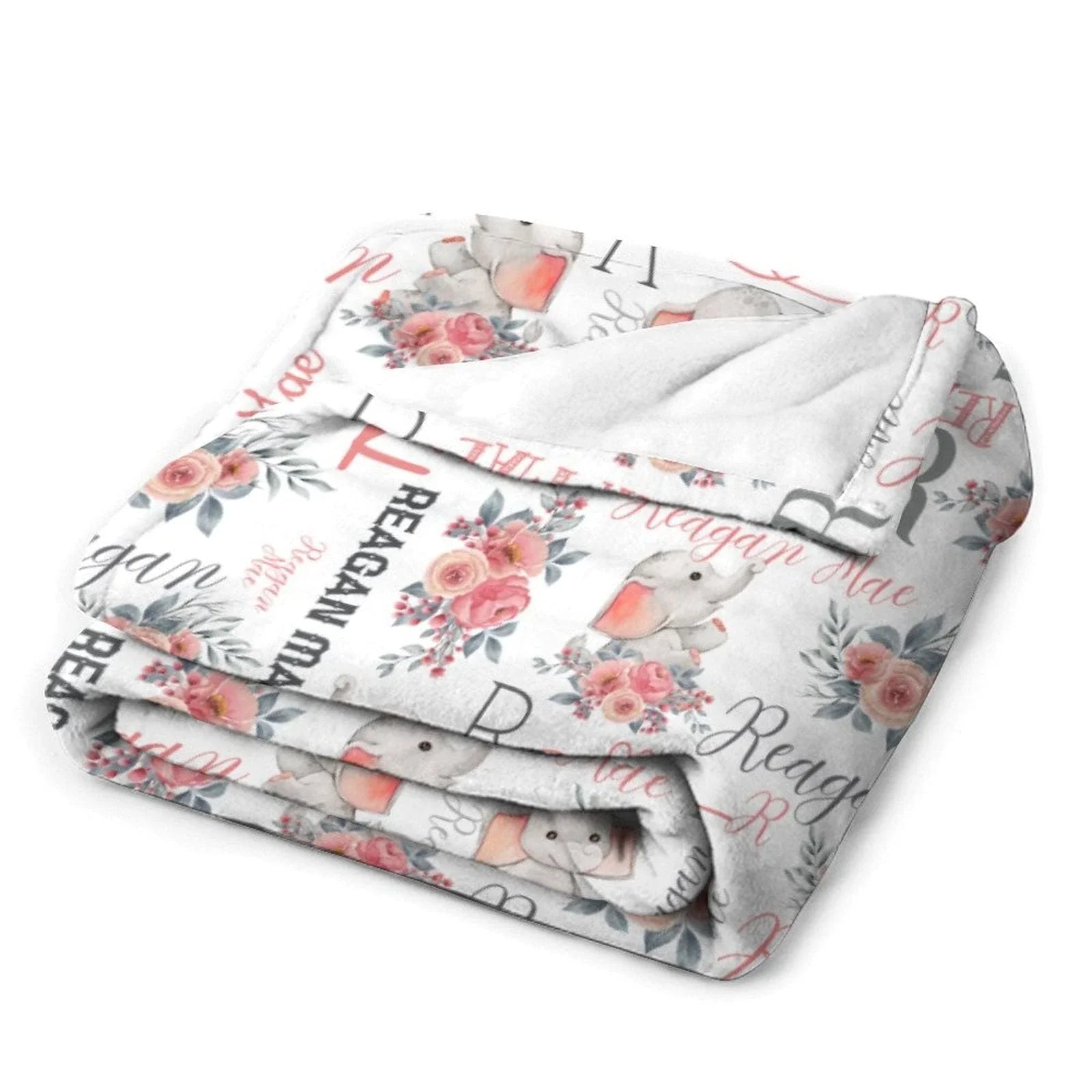 Pink Gray Personalized Baby Girl Name Blanket, Floral Elephant Girl Blanket - Joliny
