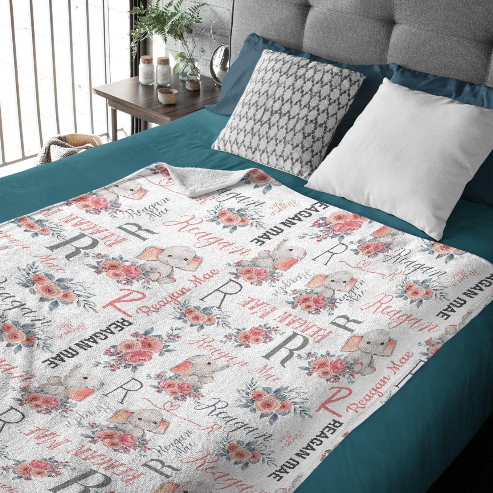 Pink Gray Personalized Baby Girl Name Blanket, Floral Elephant Girl Blanket - Joliny