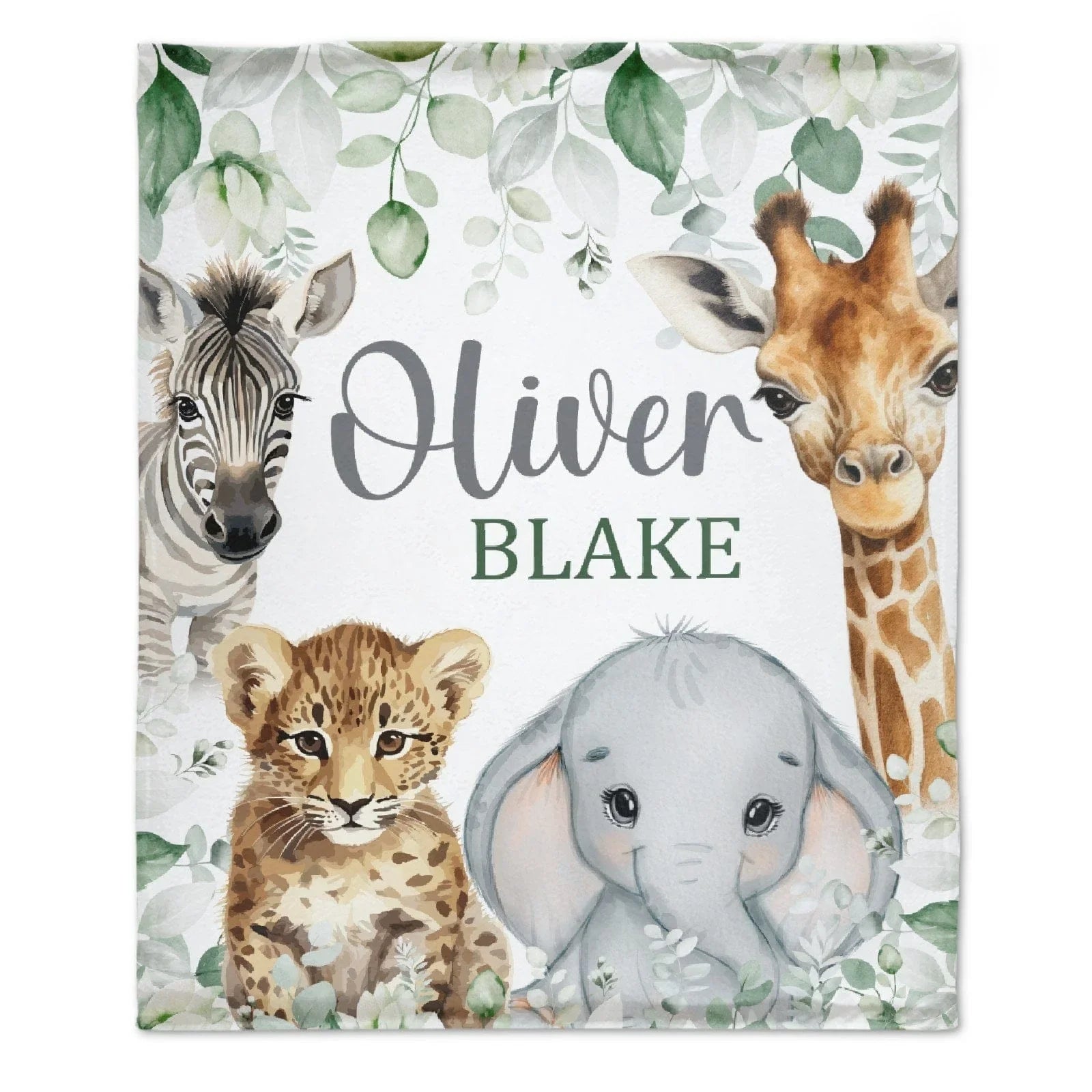 Safari Animals Baby Blanket, Jungle Greenery Eucalyptus Leaves Personalized Boy Girl Name Blanket - Joliny