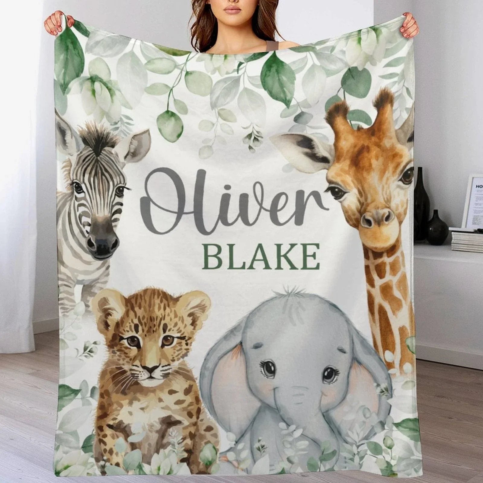 Safari Animals Baby Blanket, Jungle Greenery Eucalyptus Leaves Personalized Boy Girl Name Blanket - Joliny