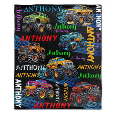 Monster Truck - Personalised Name Multi Colour Truck Pattern Blanket - A Gift For Child