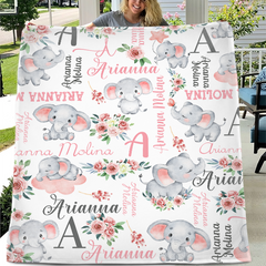 Floral Cute Elephant Personalized Customized Girl Blanket Birthday Gift Newborn Party Gift For Baby Kids Family