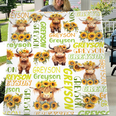 Free shipping✈️Personalized Daisy Highland Cow Baby Blanket with Name