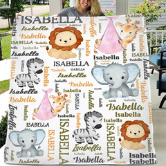 Free shipping✈️Personalized Pink Pocket Deer, Elephant, Zebra, Lion Animal Blanket With Colorful Names