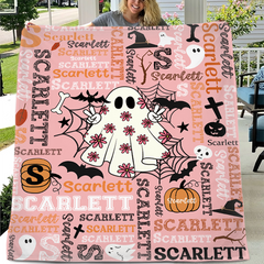 Cute Pink Ghost - Halloween Name Custom Personalized Decorative Blanket - Gift for Girls and Boys