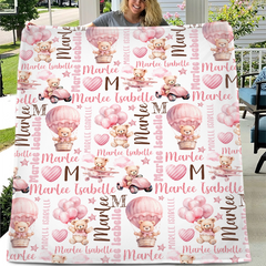 Free shipping✈️Pink Teddy Bear Baby Girl Blanket, Personalized Baby Blanket, Bear with Balloons