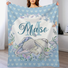 Sleeping Baby Elephant - Name Customized Baby Elephant Kids Blanket - Gift for Kids