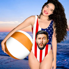 Personalized American Flag Photo Beach One-Piece Bathing Swimsuit For Women,Gift For Wife