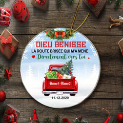 French Love Couple Red Truck Christmas Circle Ornament