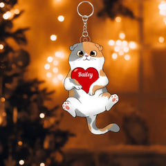 Fluffy Cat Holding Heart Personalized Acrylic Keychain