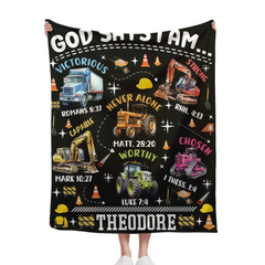 Truck Custom Name Blanket Personalized Text Gifts, God Says I Am Construction Bible Verse