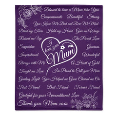 Personalized Rose Flower Heart Blanket - I Love Mum