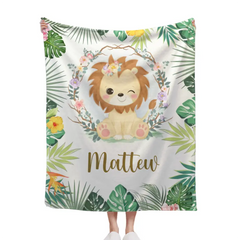 Personalized Lion Cub Wearing Flowers Blankets for Girls Boys - Customized Baby Gifts with Name